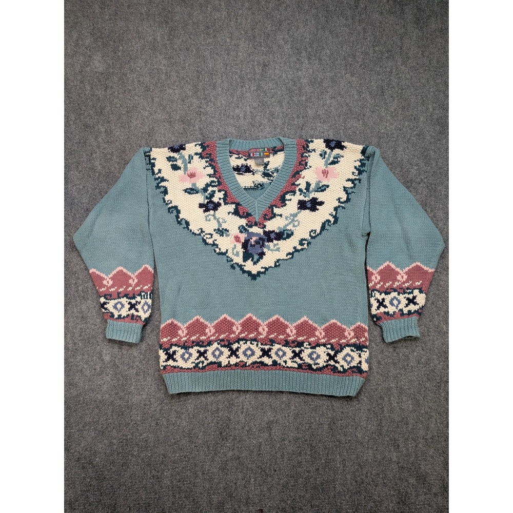 Vintage Paris Sport Club Sweater Medium Floral Knit V Neck Granny‎ Core Cottage